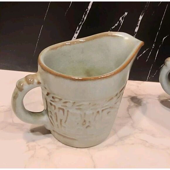 Vintage Frankoma Pottery Mayan Aztec Blue/Green Creamer 7A & Lidded Sugar 7B - Picture 3 of 8